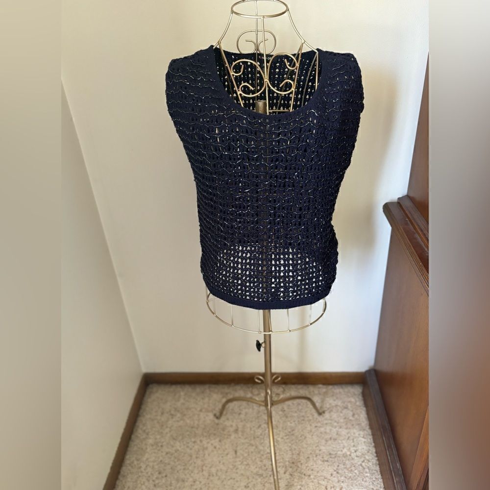 NWT Kiind Of Charlotte Metallic Crochet Knit Tank Top Navy Cotton Small